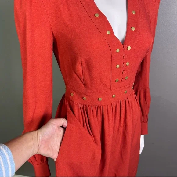 Rachel Zoe dress size 4 long sleeve studded autumn burnt orange feminine puff
